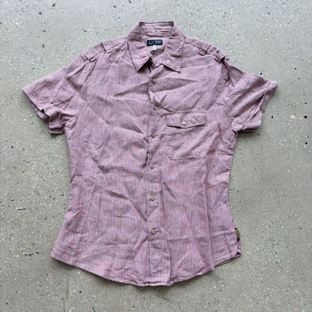 Vintage 90s Armani Jeans Pink Striped Linen Shirt